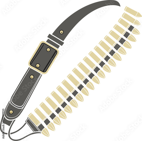 Military Bandolier Ammunition Belt Vector Illustration: Detailed Graphic of a Shoulder Strap with Cartridges or Bullets, Used for Hunting and Combat Gear.