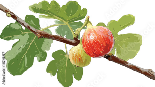 Fresh Ripe Whole Fig Fruit Hanging from Tree Branch with Leaves Closeup