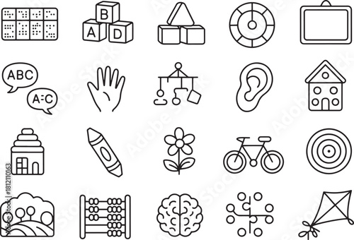 Collection of simple black line art icons for education and play