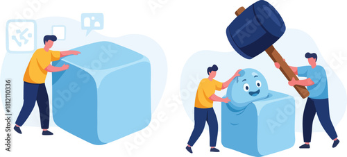 Teamwork transforming a cube into a sphere with a hammer.