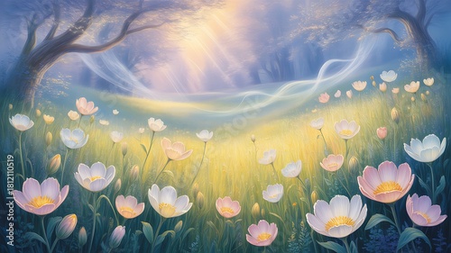 Fototapeta Naklejka Na Ścianę i Meble -  Dreamy meadow with flowers and light rays shining through trees