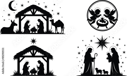 Christmas nativity silhouette collection featuring Holy Family scenes, angels, shepherds, manger, star, animals, and traditional religious Christmas illustration elements