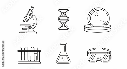 Set of science icons microscope, DNA, petri dish, test tubes, flask, and safety goggles