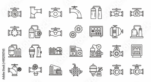 Industrial plumbing and water system components, valves, pipes, and machinery icons