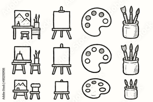 Painting corner atelier jar stand canvas minimal brush vector home palette icon