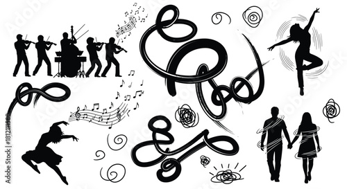 Black silhouettes of dancing couples musical notes and swirling artistic elements