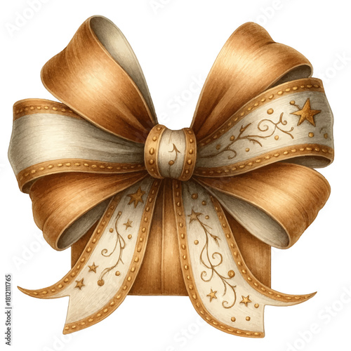 Elegant Golden and Cream Ribbon Bow with Star Patterns Vector Illustration
