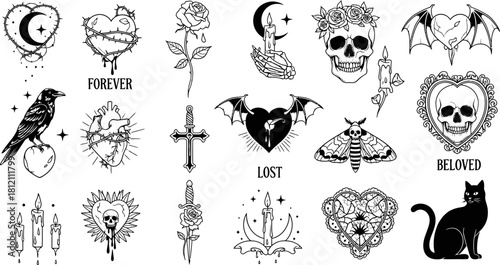 Goth Tattoo Flash Set with Skulls, Hearts, Roses, and Crows