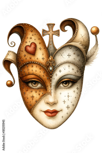 Elegant Carnival Jester Masquerade Mask with Cross and Heart Illustration Vector
