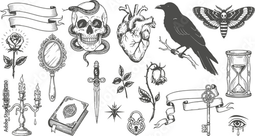 Gothic Elements Collection Black and White Tattoo Style Vector Art