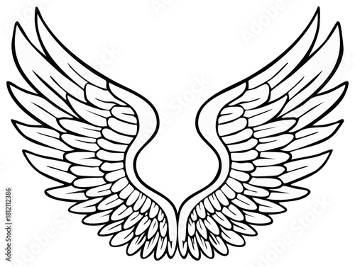 Symmetrical Angel Wings Drawing in a Black and White Tattoo or Emblem Style