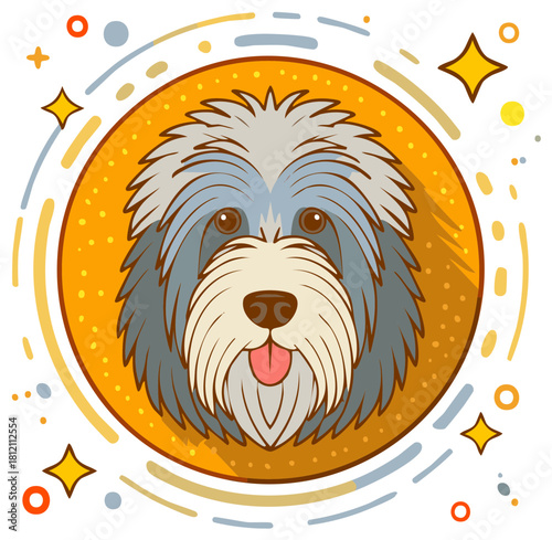 Cartoon Dog with Shaggy Fur, Tongue Out and Stars Around on Gold Circle