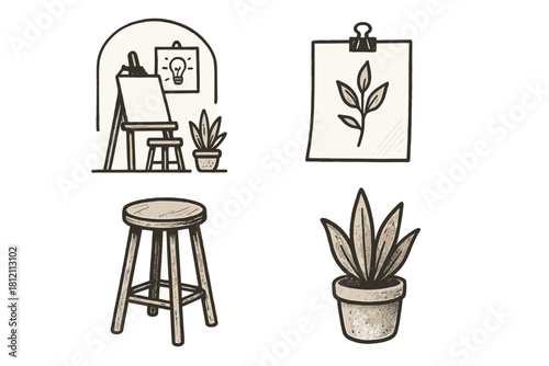 Artistic environment vector home sketch icon eraser pad minimal ink bottle icons