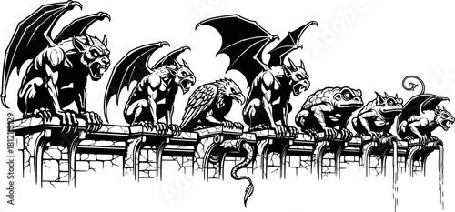 Diverse Row of Gargoyles and Mythical Creatures on Ledge
