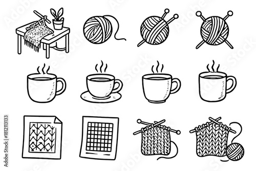 Tea corner workspace pattern skeins vector rough wool icons handmade knitting icon