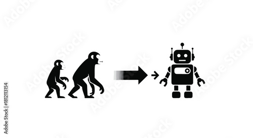 Evolutionary journey from ape to robot symbolizes technological advancement and future.