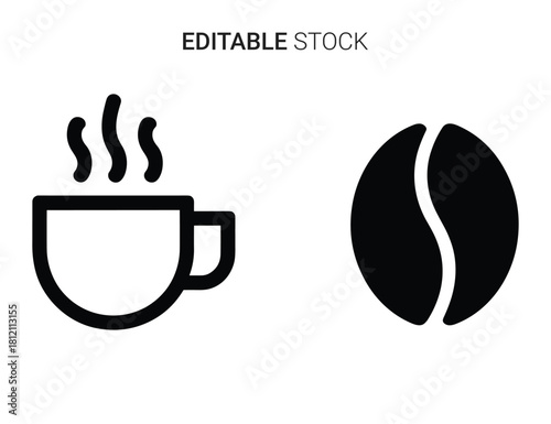 Coffee cup with steam and single coffee bean icon, hot beverage, drink, caffeine symbol