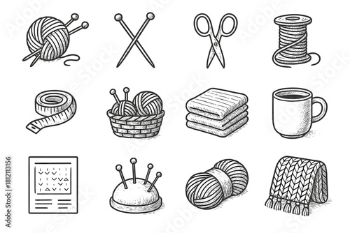 Knitting vector scissors needles mug icon fabric wool icons folded blanket workspace