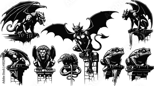 Fantasy Creatures and Gargoyles Collection Black and White Silhouettes