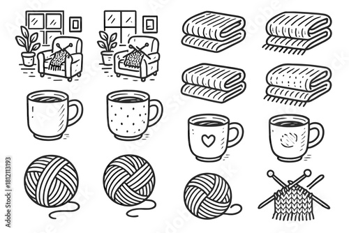 Cozy mug yarn interior icon workspace icons knitting vector rough folded scarf
