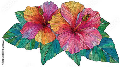 Vibrant Hibiscus Flower and Wild Leaf Coloring Page Vector