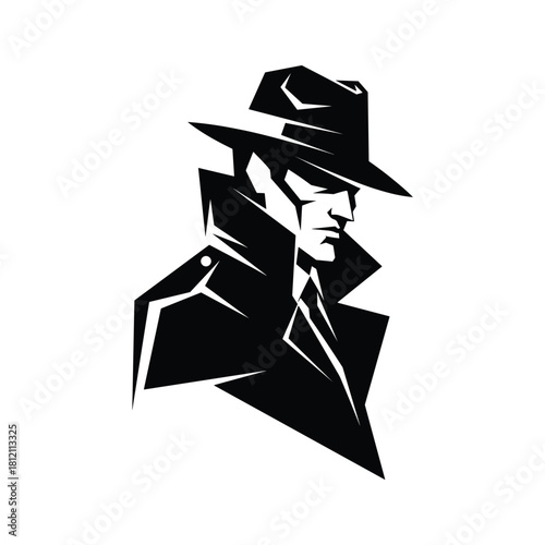 Black and white graphic illustration of a man in a fedora and trench coat male detective
