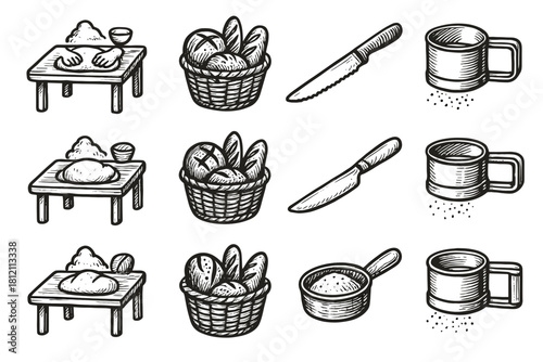 Artisan basket workspace flour bakery collection ink vector icon knife sifter bread