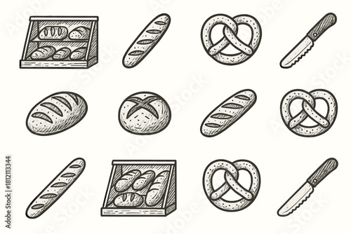 Bread baguette icon collection knife vector display fresh pretzel bakery set