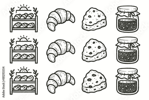 Pastry set morning scone croissant doodle jar icon shelf vector bakery jam