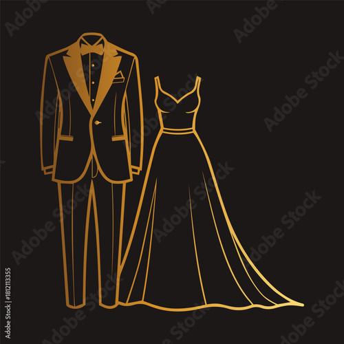 40 golden line art illustration of a grooms tuxedo suit and a brides wedding dress gown, symbolizing marriage, formal fashion, and luxury events on a dark background