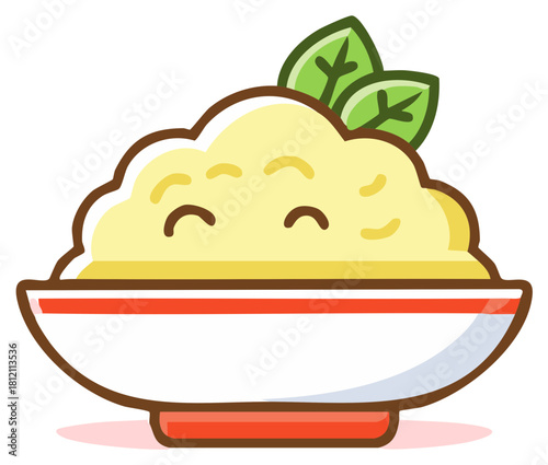 Whimsical Kawaii Mashed Potatoes with Spinach in a Bowl