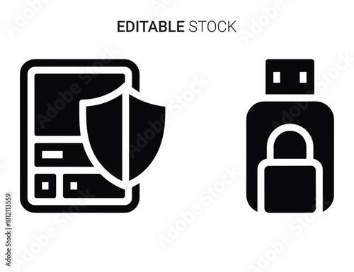 Device and data security icons: mobile protection and encrypted usb storage concept