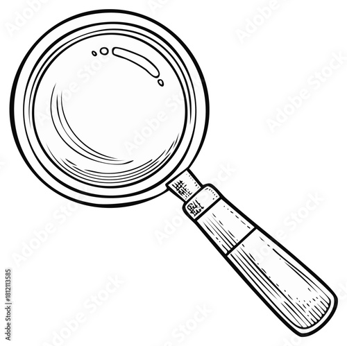 Detailed hand drawn magnifying glass isolated. Black and white illustration of lens tool.