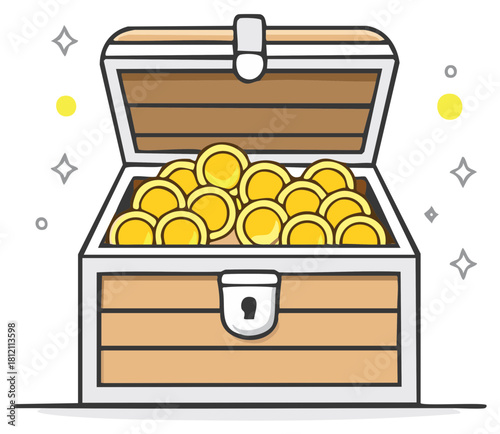 Open Wooden Treasure Chest Overflowing with Golden Coins, Stars and Glows