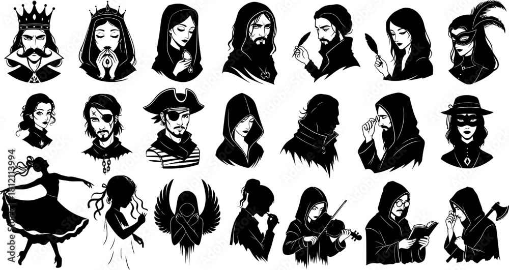 Obraz premium Diverse Black Silhouette Characters Vector Collection