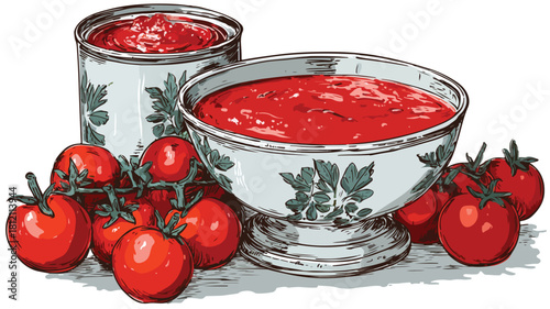 Vibrant Red Tomato Paste in Sauce Boat and Can Vector Illustration