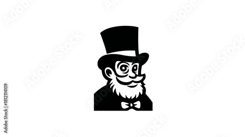 Elegant Vintage Gentleman Illustration with Top Hat, Full Beard, and Bow Tie - Classic Monochrome Character Icon Design