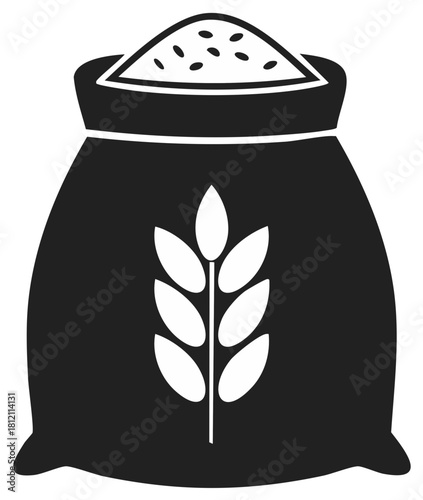 Black silhouette of a sack full of grain with a wheat stalk emblem