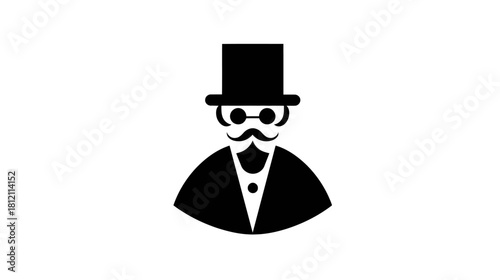 Elegant gentleman icon with top hat, monocle, mustache. Vintage style black and white vector symbol for sophistication, tradition, classic look.