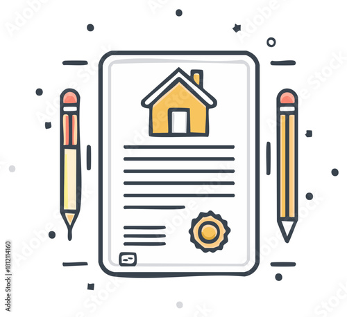 House Deed and Property Agreement Document Line Art Icon Illustration
