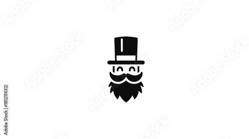 Elegant Gentleman Icon with Top Hat, Handlebar Mustache, and Beard. Vintage Black and White Graphic Illustration for Classic Design.