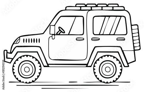 Outline drawing of a rugged off road SUV with roof rack and spare tire