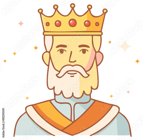 Cartoon illustration of a king wearing a crown with a long white beard