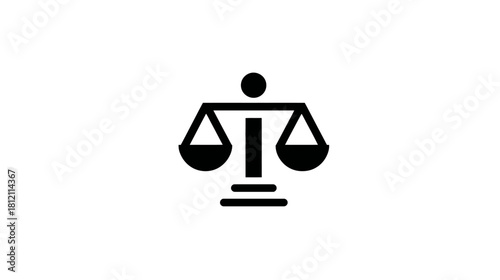 Simple black balance scale icon symbolizing justice, law, equality, and fairness on a clean white background.
