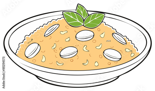 Delicious risotto in a bowl with beans and fresh herbs illustration