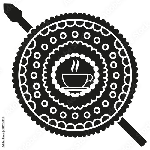 Decorative circular design with a steaming coffee cup illustration, graphic with a floral motif.