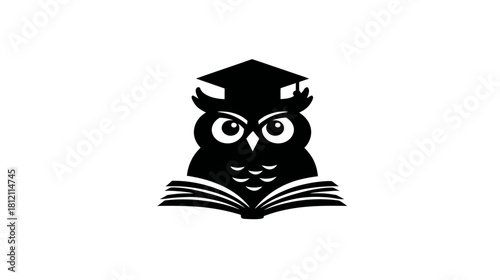 Wise owl wearing a graduation cap sitting on an open book, symbolizing education, knowledge, wisdom, and academic learning.