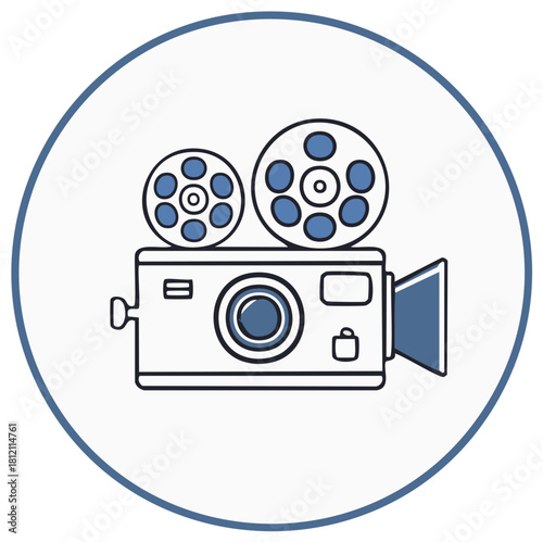 Classic Movie Camera with Blue Accents Depicted Within a Circle Frame Icon