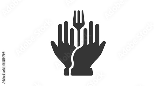 Abstract graphic icon of two hands holding a fork, symbolizing food service, hospitality, dining, culinary, and help