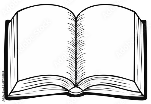 Open book illustration, black and white sketch with blank pages and spine details